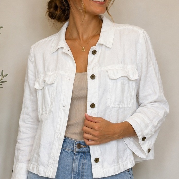Nicole Miller White Linen Denim Style Trucker Jacket Womens Size Medium
